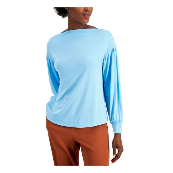 NWT ALFANI Womens Light Blue Pouf Boat Neck Top L - Picture 1 of 2